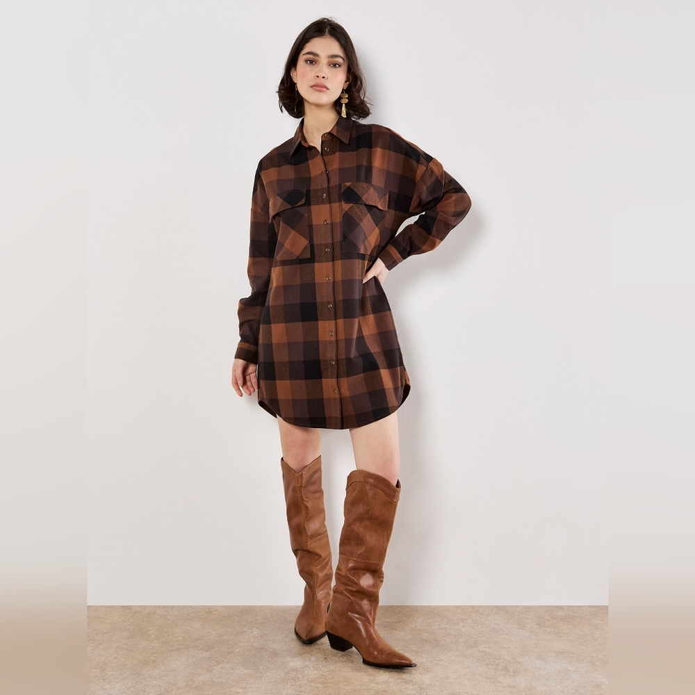 Oversized 2 Pocket Check Flannel Shirtdress